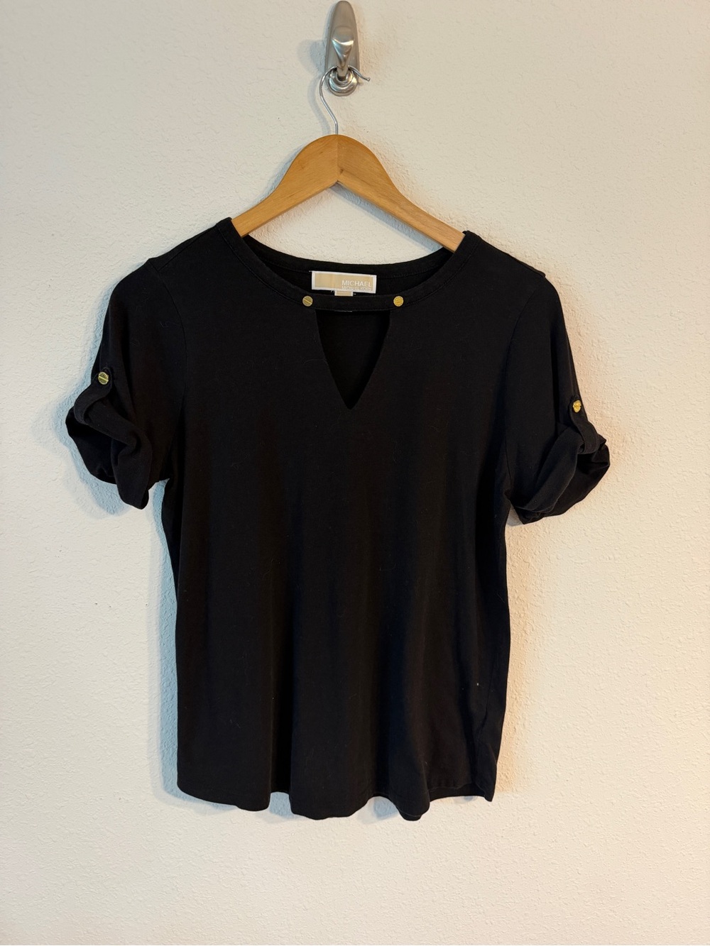 Michael Kors Black Short Sleeve Keyhole Tee with Gold Accents